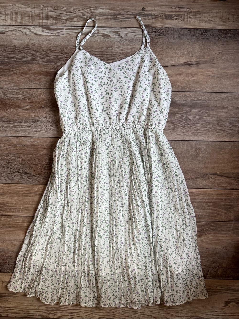 Hayden Cream Floral Pleated Sundress with Green and Purple Accents - Picture 2 of 7
